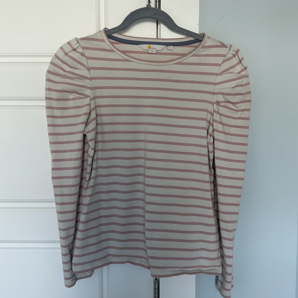 Boden Blush and Grey Striped Puff Sleeve Shirt - Sz 4